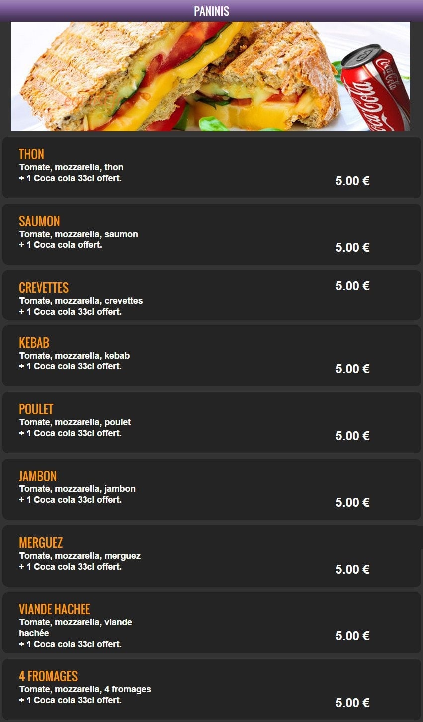 Carte et menu de Del Casa Pizza à Tremblay en France — Les paninis