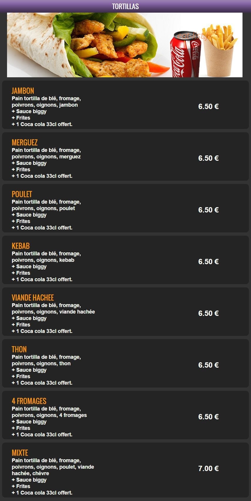 Carte et menu de Del Casa Pizza à Tremblay en France — Les tortillas