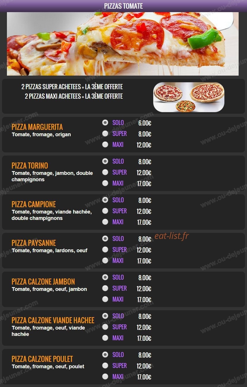 Carte et menu de Del Casa Pizza à Tremblay en France — Les pizzas tomate