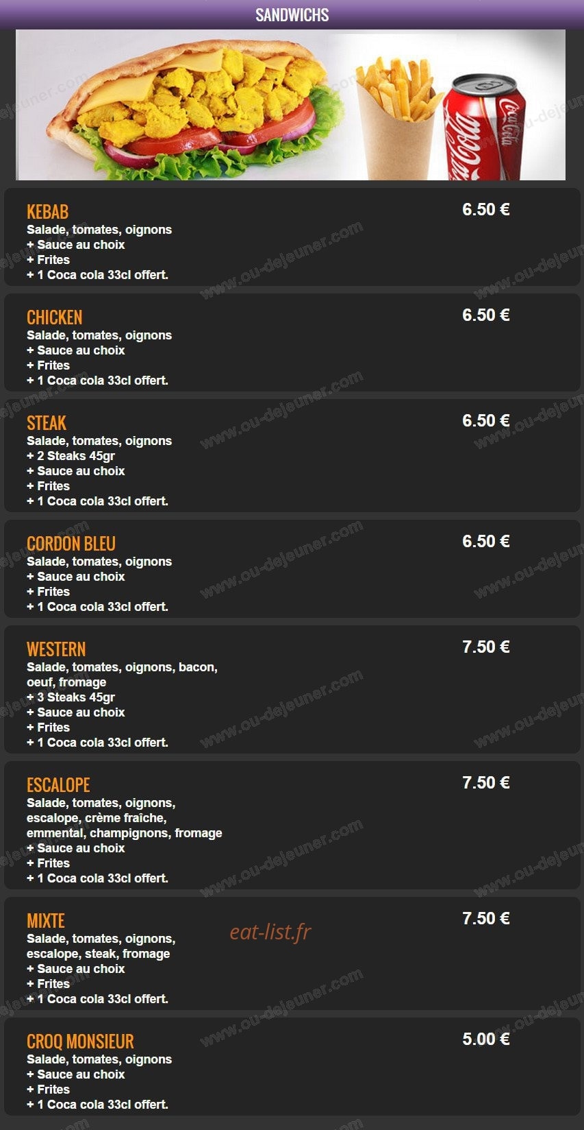 Carte et menu de Del Casa Pizza à Tremblay en France — Les sandwichs