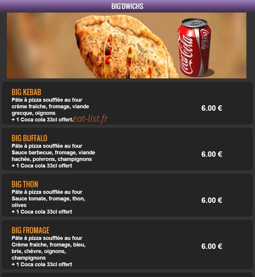 Carte et menu de Del Casa Pizza à Tremblay en France — Les big'dwichs