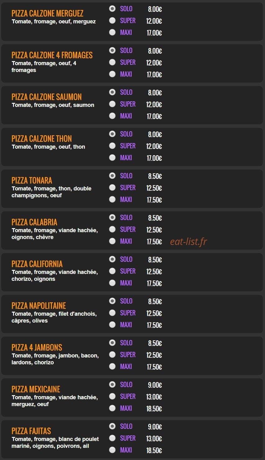 Carte et menu de Del Casa Pizza à Tremblay en France — Les pizzas tomate suite 1