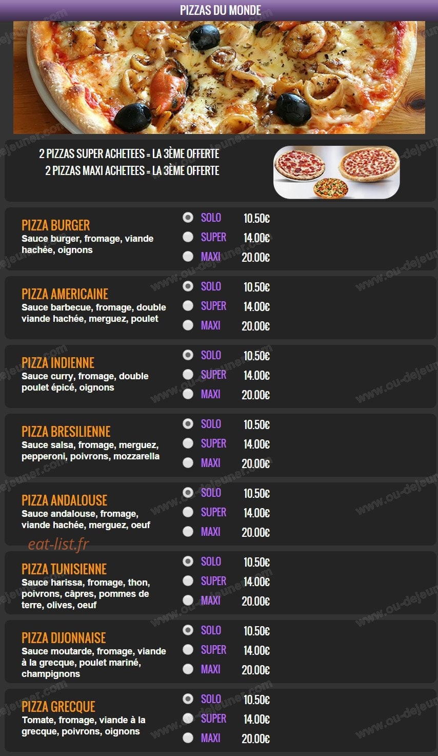 Carte et menu de Del Casa Pizza à Tremblay en France — Les pizzas du monde