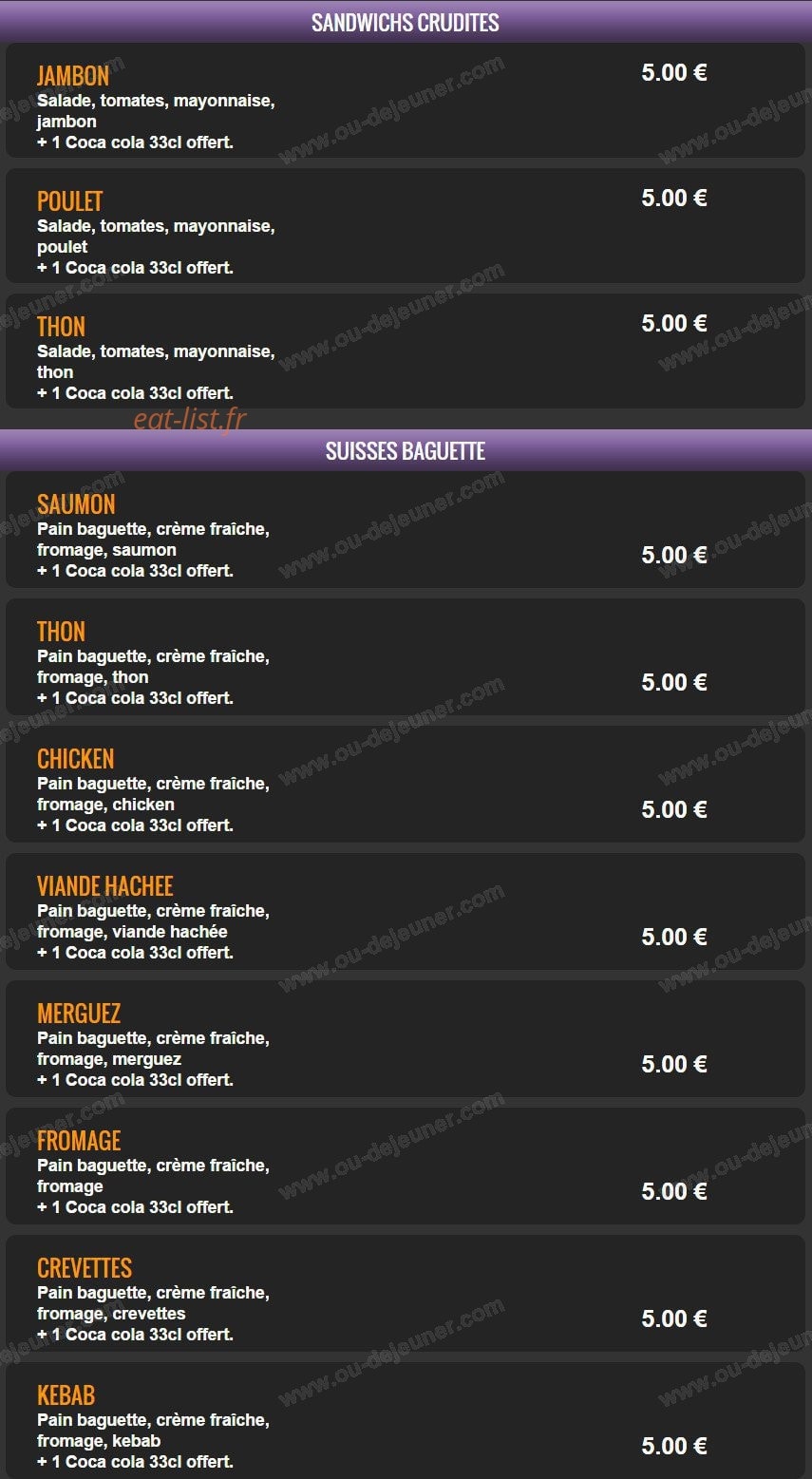 Carte et menu de Del Casa Pizza à Tremblay en France — Les sandwichs crudité et suisses baguette