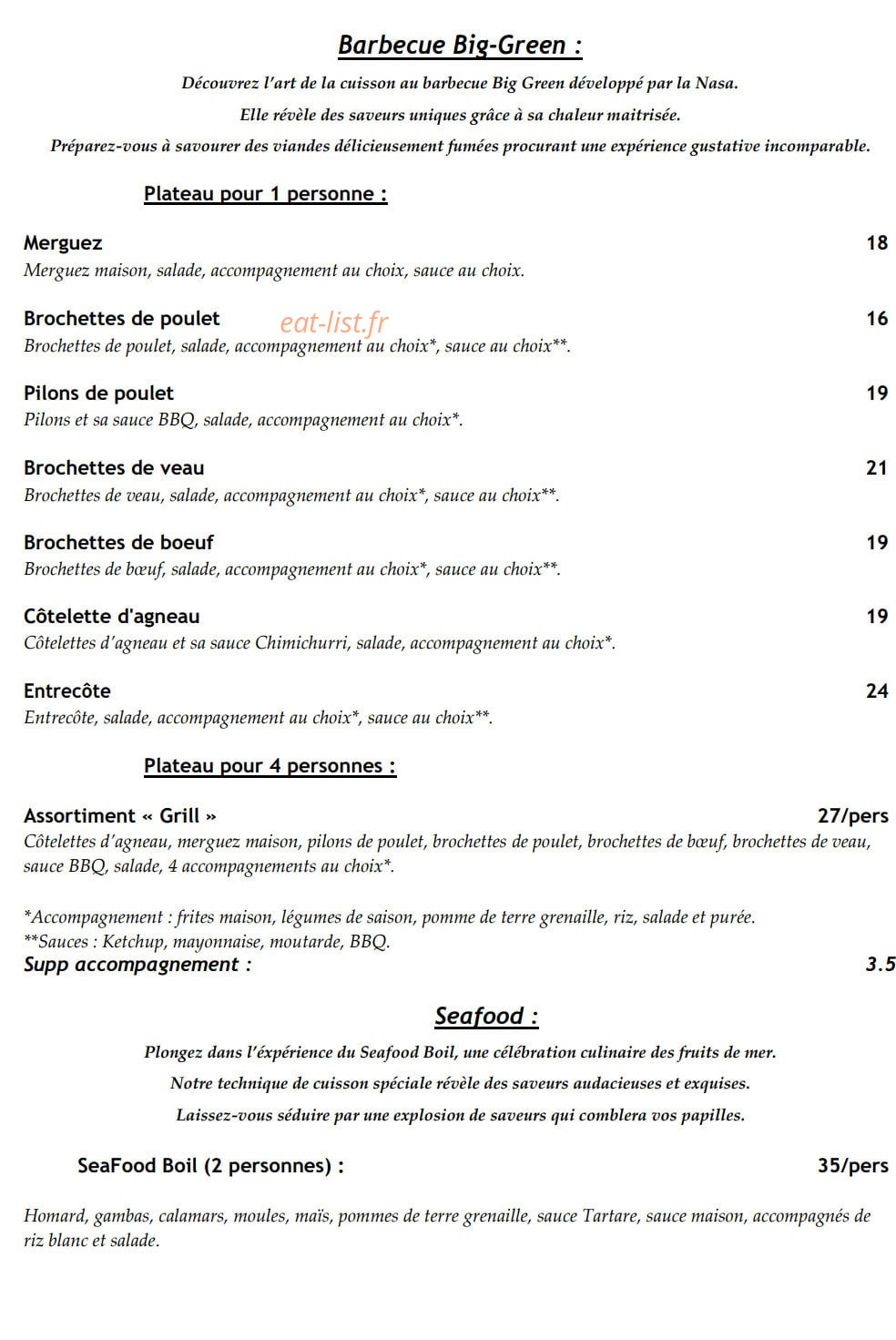 Carte et menu de French Arizona à Tremblay en France — Barbecue; sea food