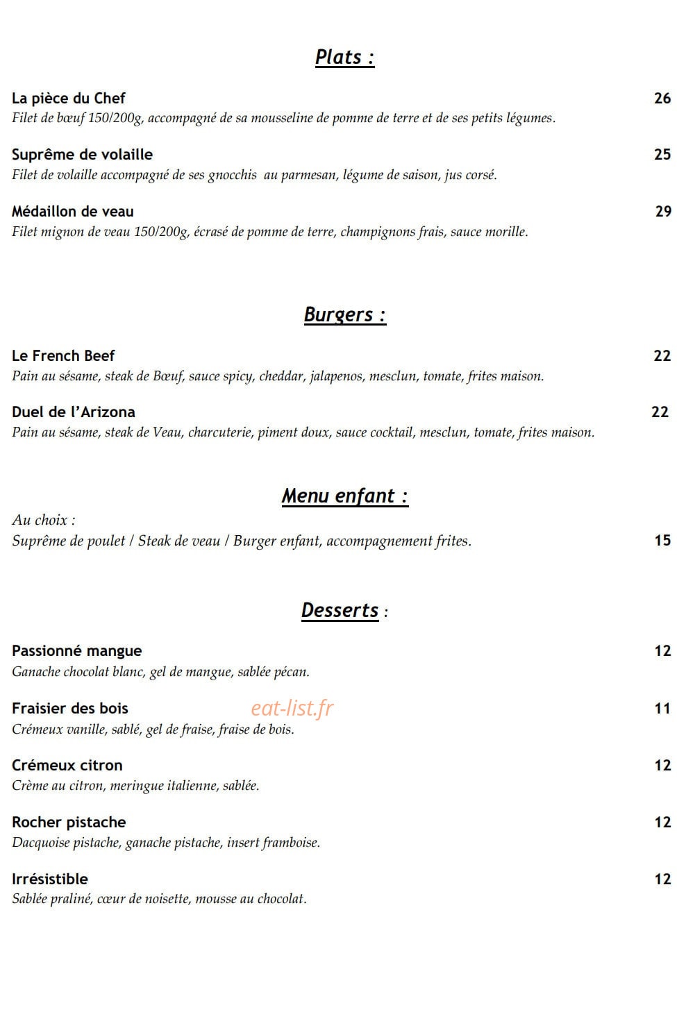 Carte et menu de French Arizona à Tremblay en France — Plats et burger...