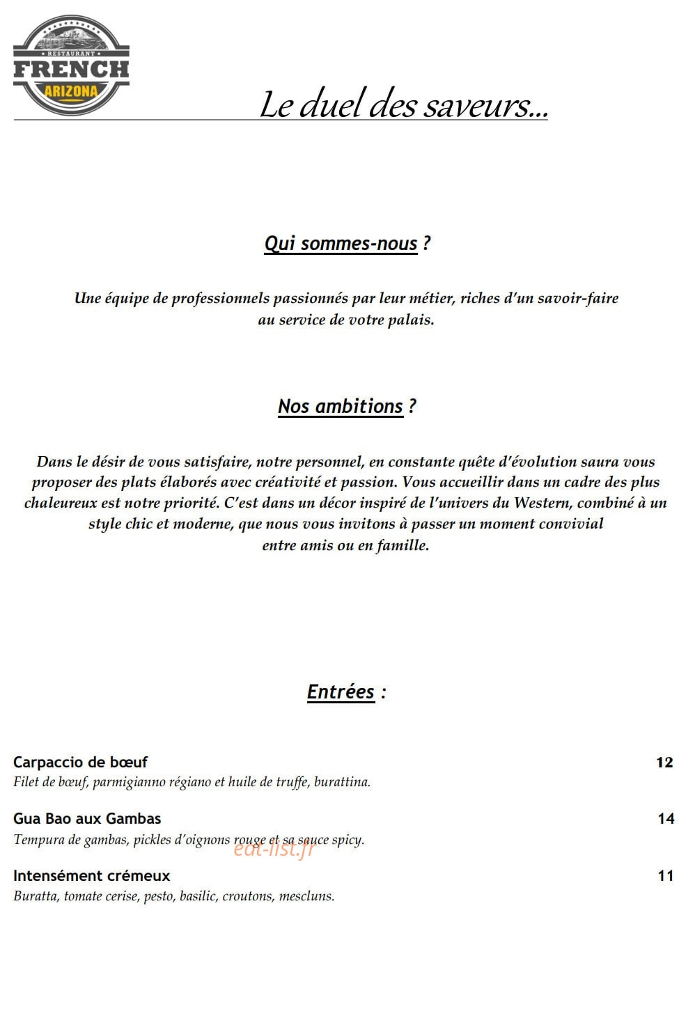 Carte et menu de French Arizona à Tremblay en France — Les entrees