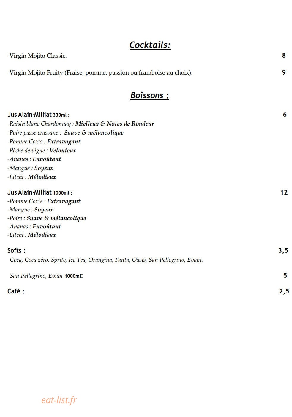 Carte et menu de French Arizona à Tremblay en France — Cocktails et boissons