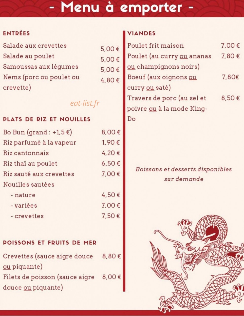 Carte et menu de La Maison du Bonheur à Tremblay en France — Menu à emporter