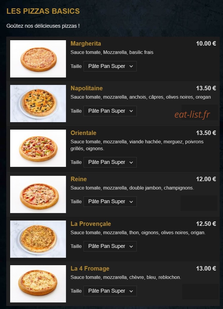 Carte et menu de La Renaissance à Tremblay en France — Les pizzas basics