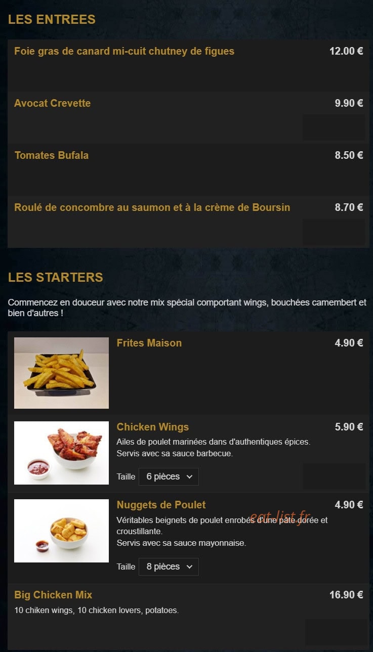 Carte et menu de La Renaissance à Tremblay en France — Les entrées et starters