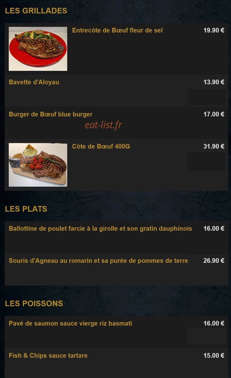 Carte et menu de La Renaissance à Tremblay en France — Les grillades, plats et poissons