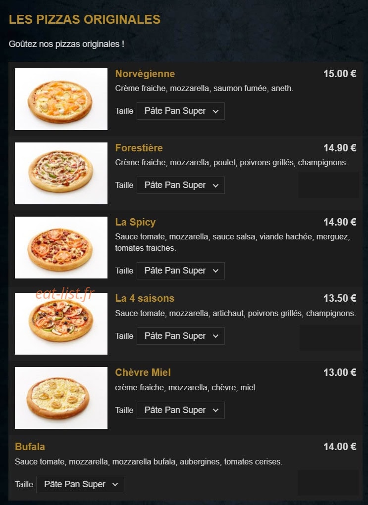 Carte et menu de La Renaissance à Tremblay en France — Les pizzas originales