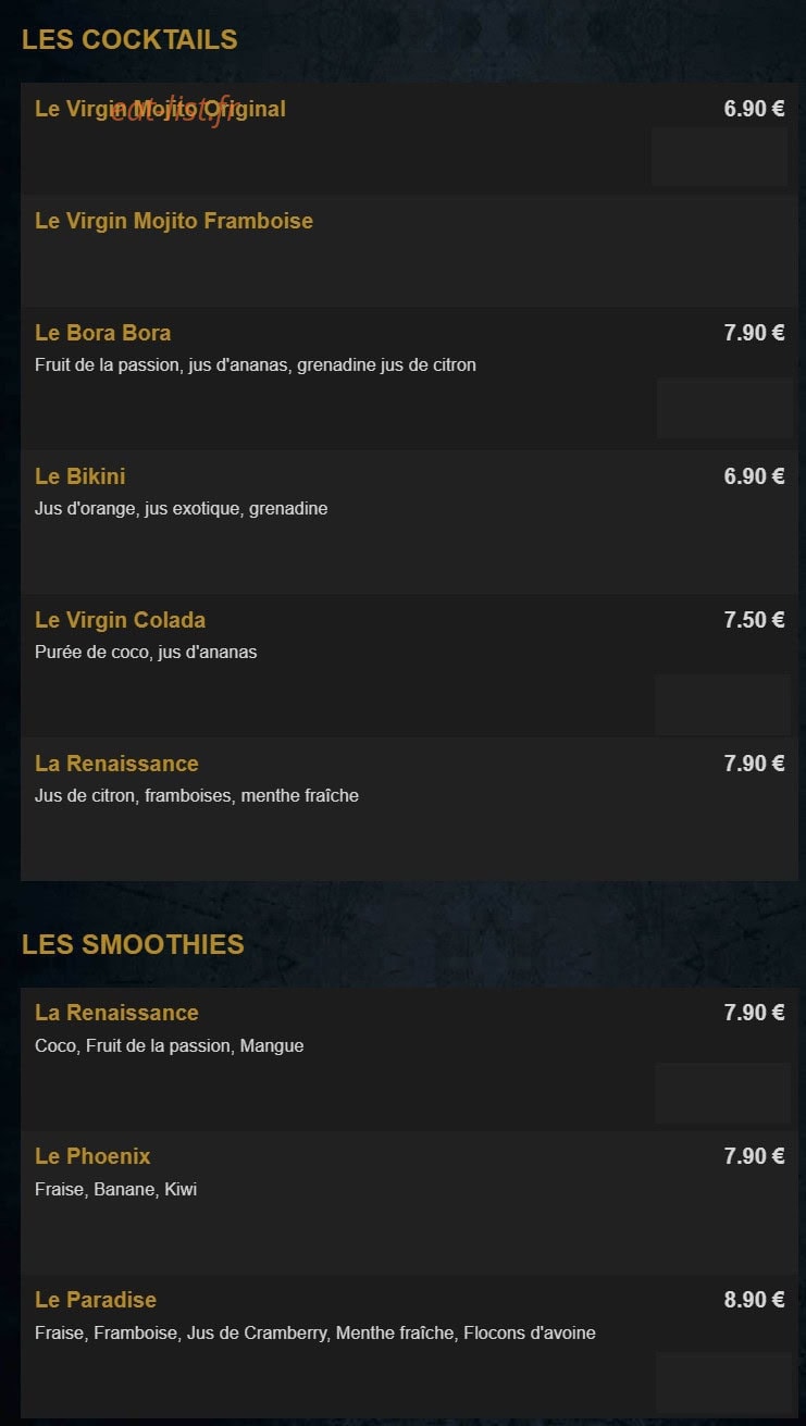 Carte et menu de La Renaissance à Tremblay en France — Les cocktails et smoothies