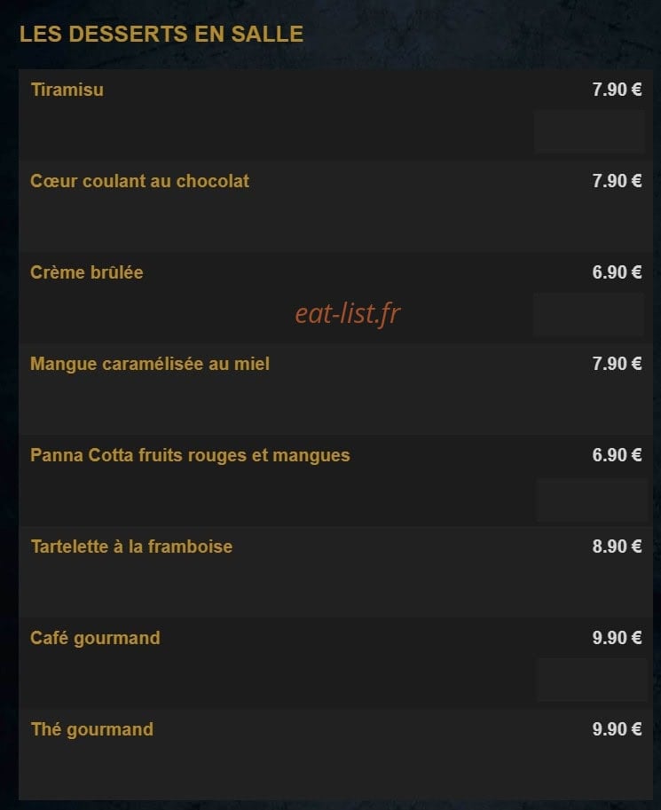 Carte et menu de La Renaissance à Tremblay en France — Les desserts en salle