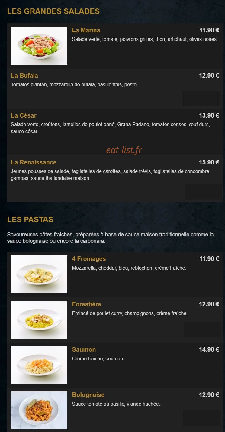 Carte et menu de La Renaissance à Tremblay en France — Les salades et pates