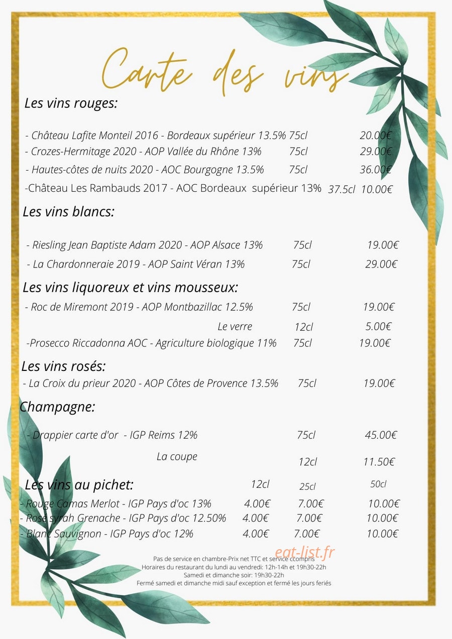 Carte et menu de Le Potager De Kristine à Tremblay en France — Les vins