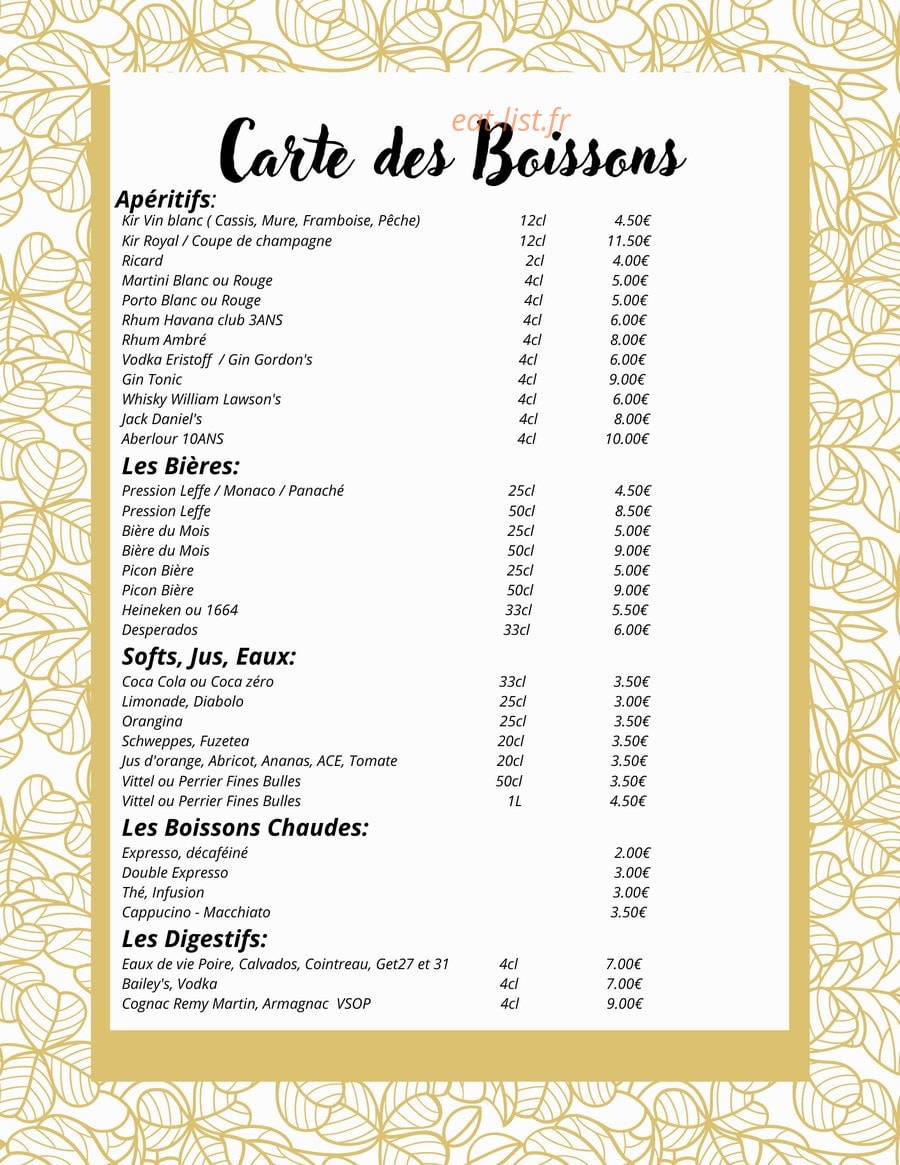 Carte et menu de Le Potager De Kristine à Tremblay en France — Les boissons