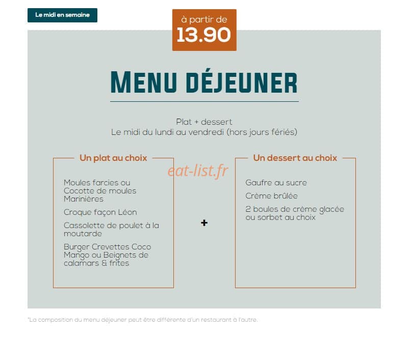 Carte et menu de Léon à Tremblay en France — Menu déjeuner à 13.9€