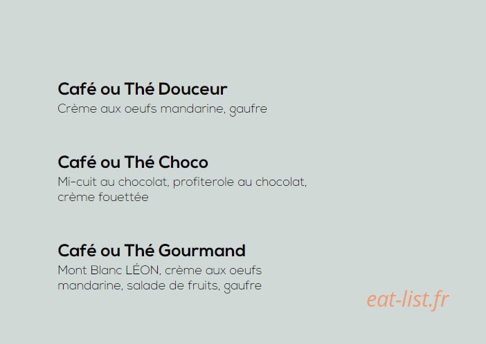 Carte et menu de Léon à Tremblay en France — Les cafés gourmands