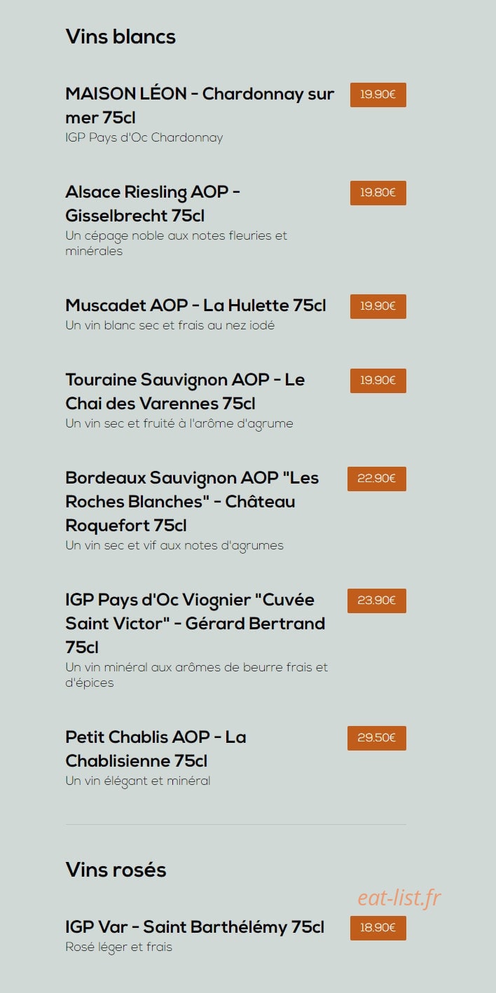 Carte et menu de Léon à Tremblay en France — Les vins suites