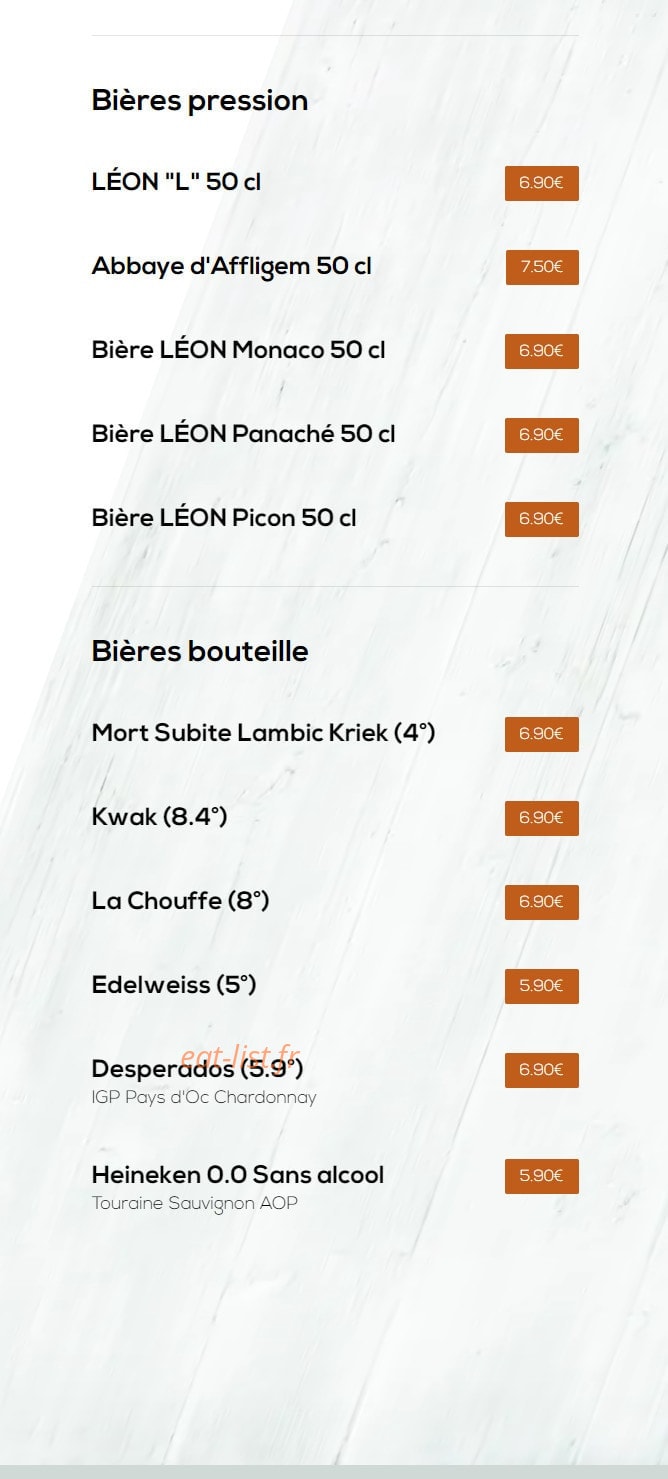 Carte et menu de Léon à Tremblay en France — Les bières