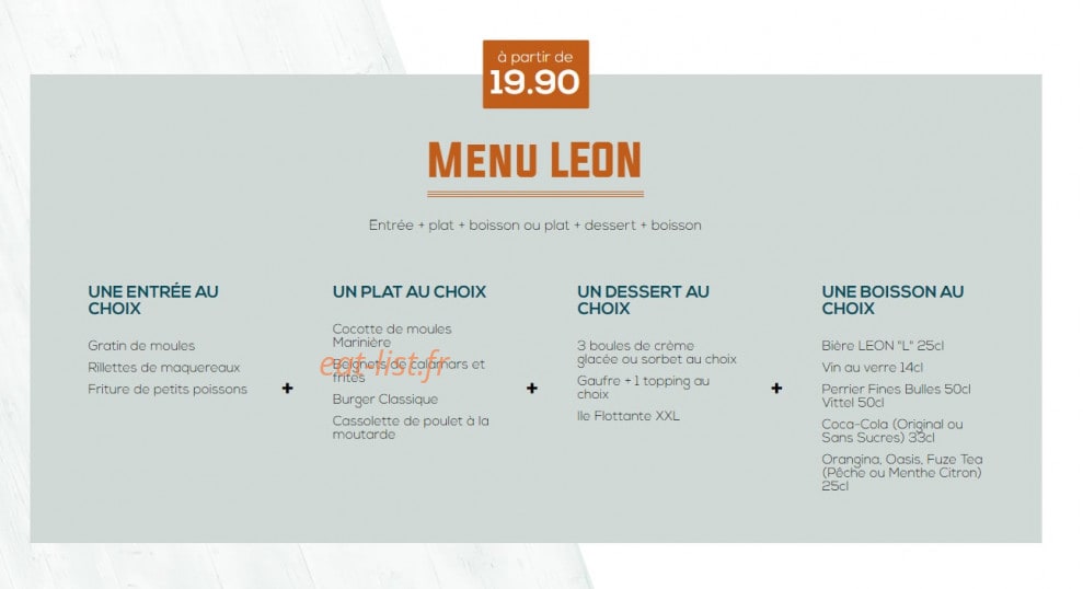 Carte et menu de Léon à Tremblay en France — Menu Leon à 19.9€