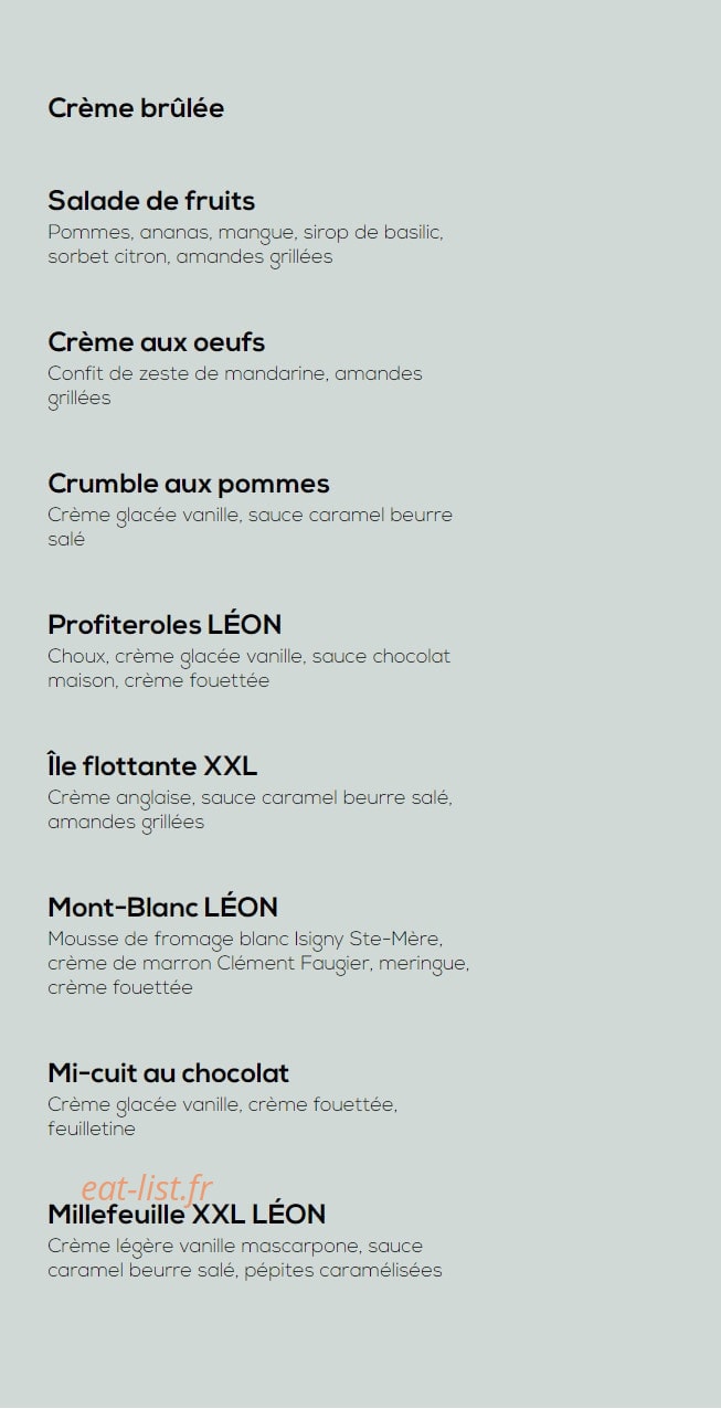 Carte et menu de Léon à Tremblay en France — Les desserts