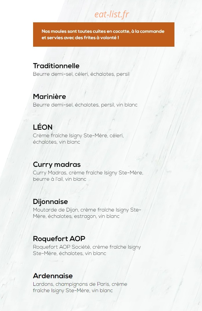 Carte et menu de Léon à Tremblay en France — Les moules