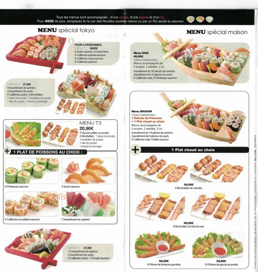 Carte et menu de Nouveau Tokyo à Tremblay en France — Le menu spécial tokyo et menu spécial maison