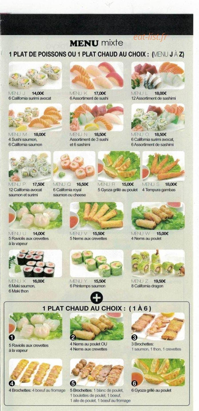 Carte et menu de Nouveau Tokyo à Tremblay en France — Le menu mixte