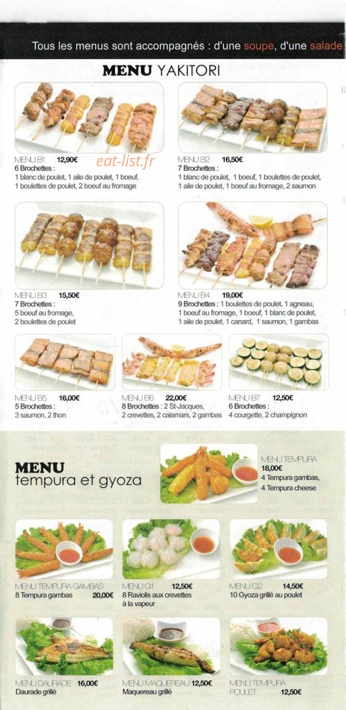 Carte et menu de Nouveau Tokyo à Tremblay en France — Le menu yakitori, menu tempura et gyonza