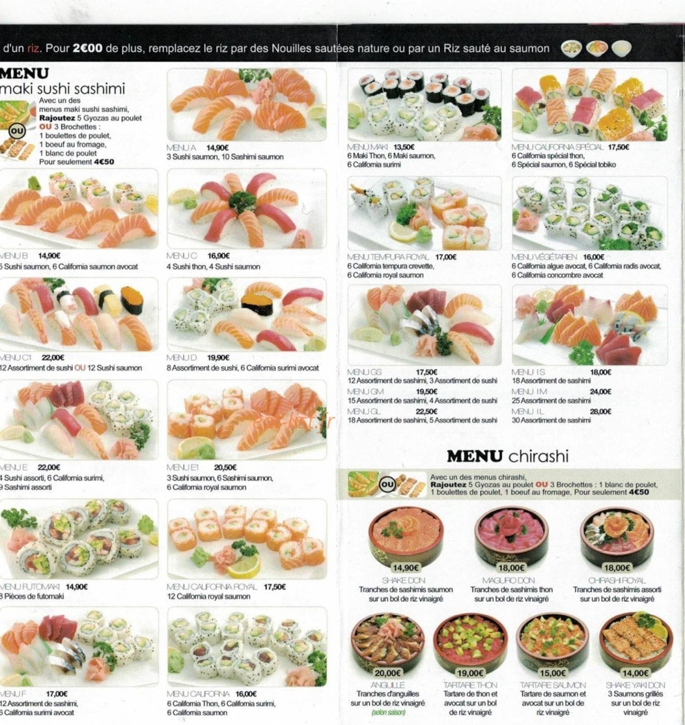 Carte et menu de Nouveau Tokyo à Tremblay en France — Le menu maki sashimi sushi et menu chirashi