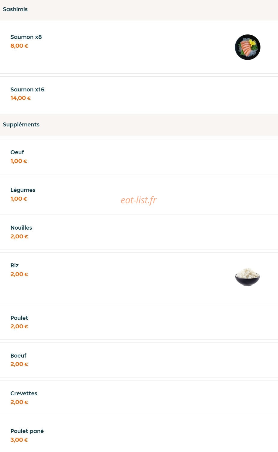 Carte et menu de Thaï Shi à Tremblay en France — Sashimis et suppléments