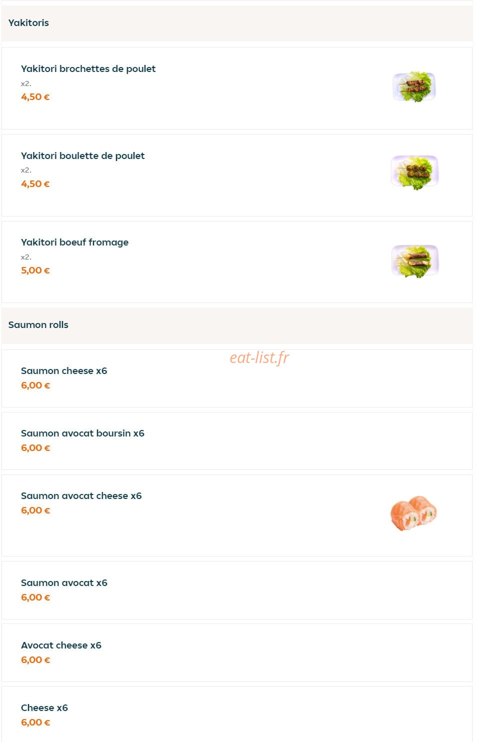 Carte et menu de Thaï Shi à Tremblay en France — Yakitoris et saumon rolls