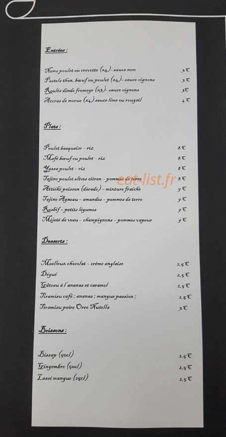 Carte et menu de Aux Délices d'Ici & d'Ailleurs à Aubervilliers — Entrées, plats, desserts,....