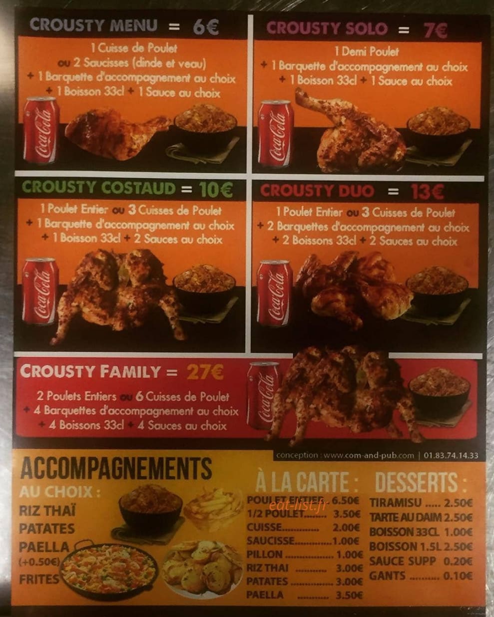 Carte et menu de Crousti Poulet à Aubervilliers — Grillades, accompagnements et desserts