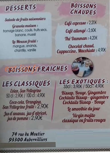 Carte et menu de Teranga'S Food à Aubervilliers — desserts, boissons