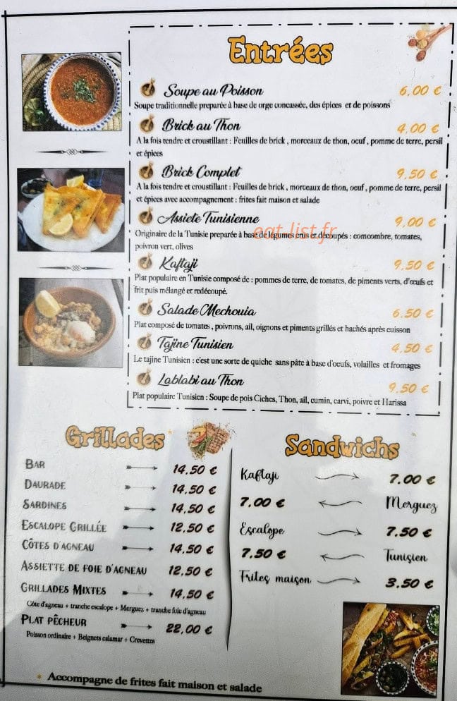 Carte et menu de Zarda Food à Aubervilliers — Les entrées grillades et sandwichs
