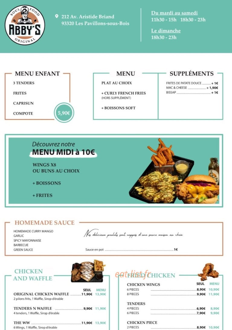 Carte et menu de Abby's Soul Food à Les Pavillons Sous Bois — Menus, chicken