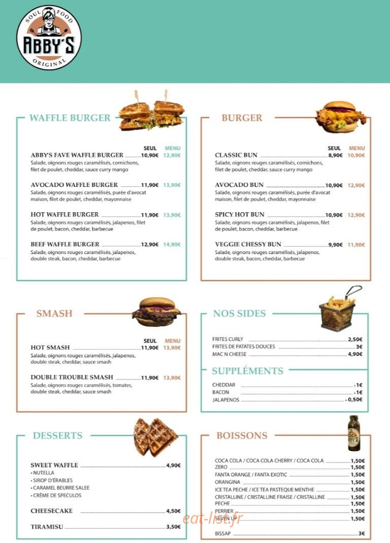 Carte et menu de Abby's Soul Food à Les Pavillons Sous Bois — Waffle burgers, desserts et boissons