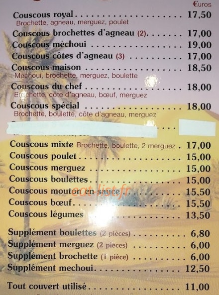 Au Royal Couscous — carte page 1