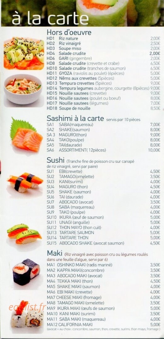 Carte et menu de Kyotoma à Les Pavillons Sous Bois — A la carte : sashimi, sushi et maki