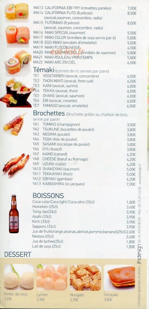 Carte et menu de Kyotoma à Les Pavillons Sous Bois — A la carte : témaki, brochette, boisson et dessert