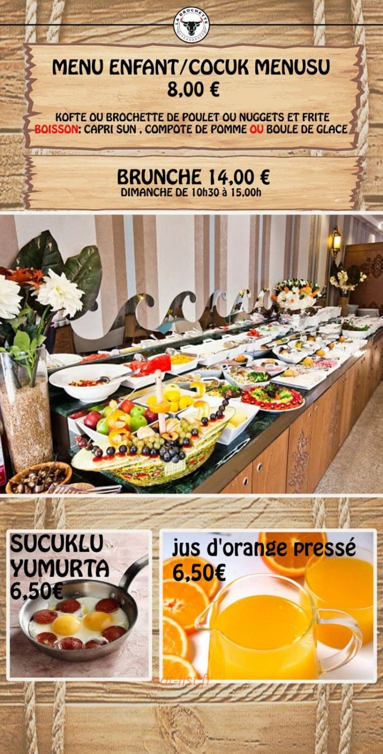 Carte et menu de La Brochette Steak House à Les Pavillons Sous Bois — Menu enfant et brunch