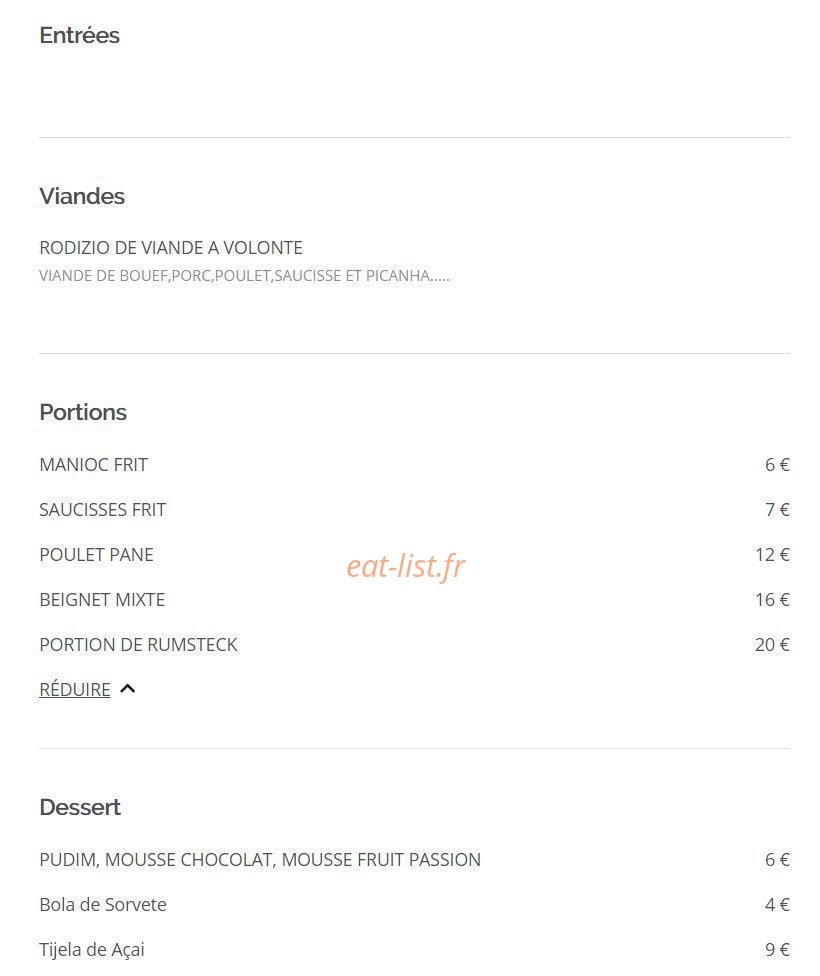 Carte et menu de Le Roi du Rodizio à Les Pavillons Sous Bois — La carte