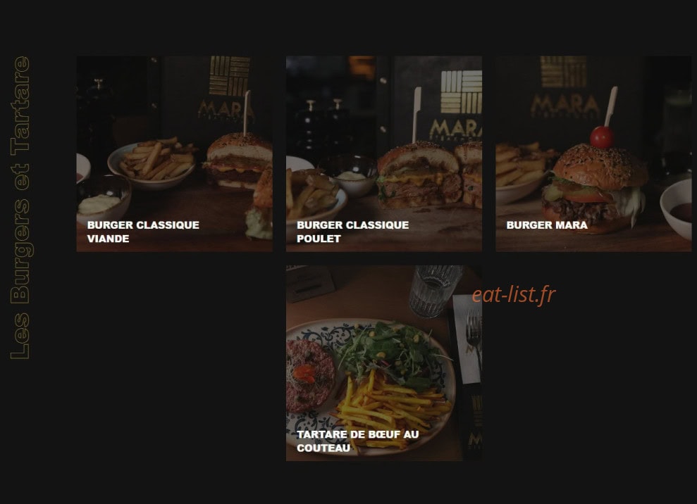 Carte et menu de Mara Steakhouse à Les Pavillons Sous Bois — Les burgers