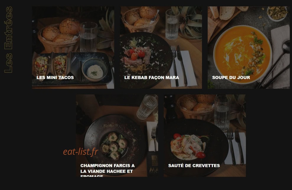 Carte et menu de Mara Steakhouse à Les Pavillons Sous Bois — Les entrées