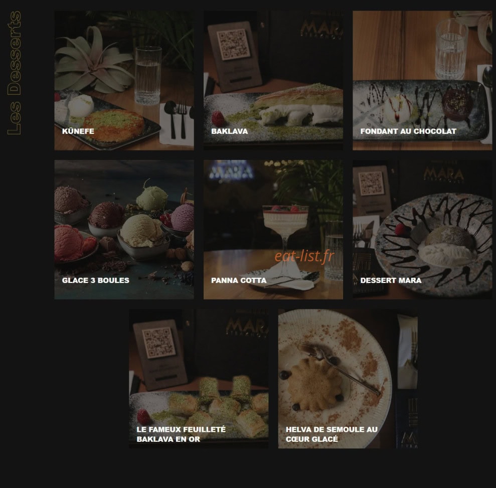 Carte et menu de Mara Steakhouse à Les Pavillons Sous Bois — Les desserts