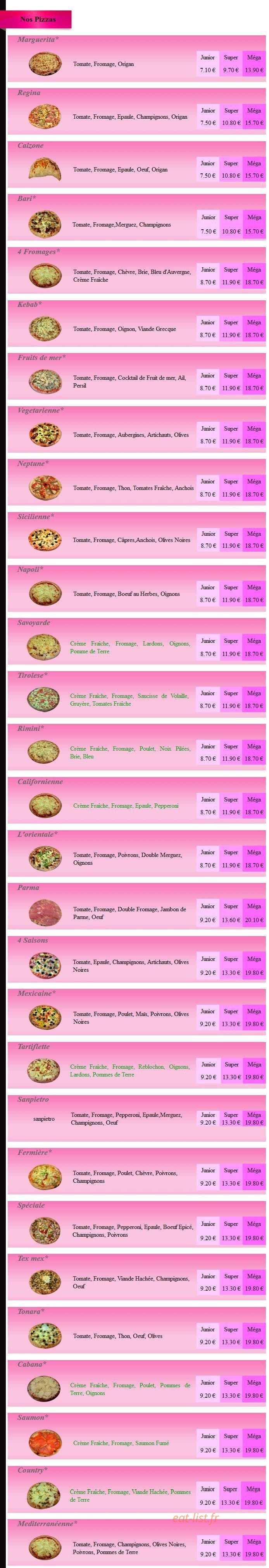 Pizza Expres — carte page 1